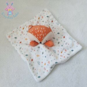 Doudou plat Renard blanc orange motif feuilles SIPLEC