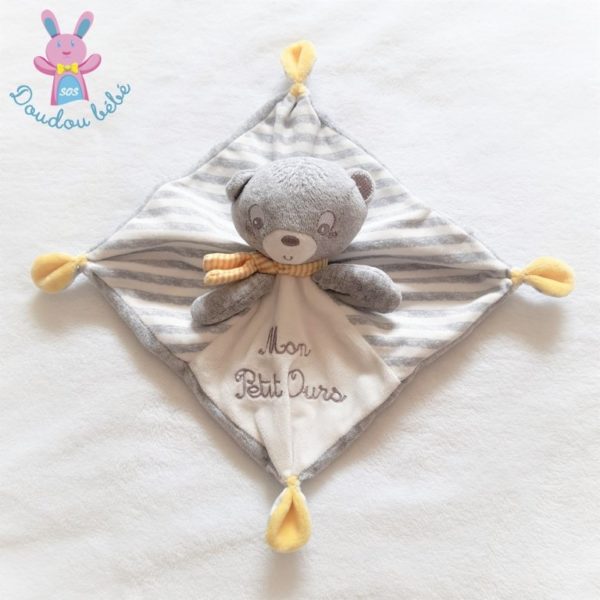 Doudou plat Mon petit ours rayé gris blanc jaune PAT & RIPATON