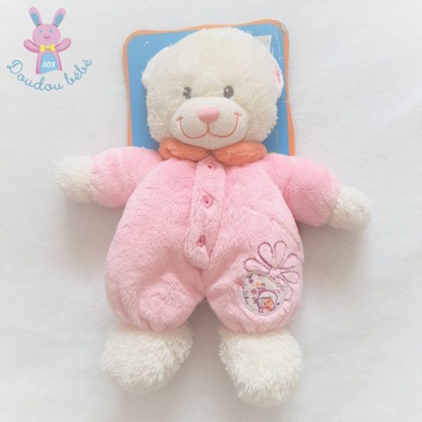 Doudou Ours rose blanc brodé oiseau fleur 26 cm TEX BABY