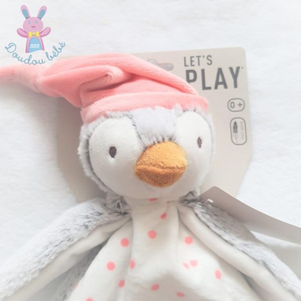 Doudou plat Pingouin gris rose blanc TAPE A L'OEIL