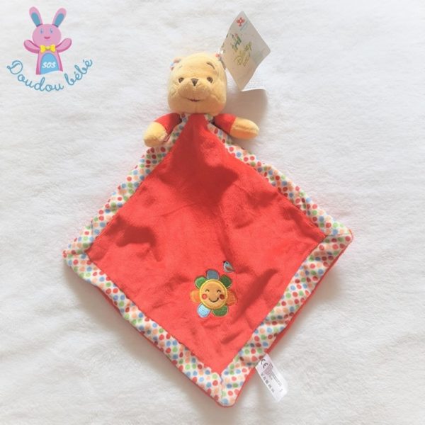 Doudou plat Winnie l'ourson rouge à pois soleil DISNEY