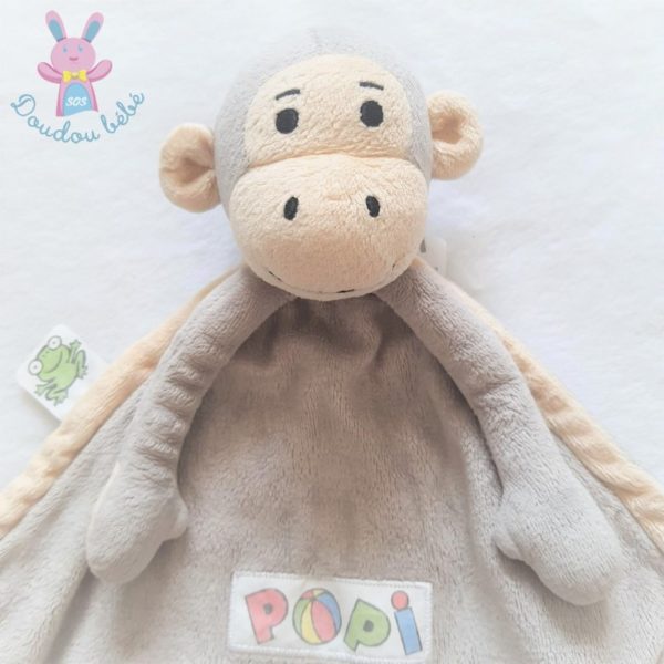 Doudou plat Singe Popi gris beige étiquettes BAYARD JEUNESSE