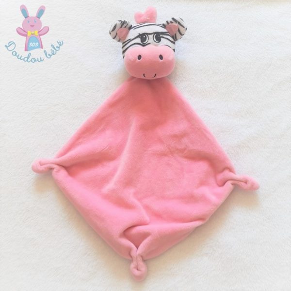 Doudou plat Zèbre tout doux rose noir et blanc BABOU