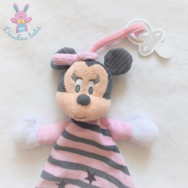 Doudou plat Souris Minnie rayé rose gris noir étoiles DISNEY