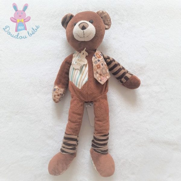 Grand doudou Ours marron rayé gilet fantaisie 35 cm HISTOIRE D'OURS