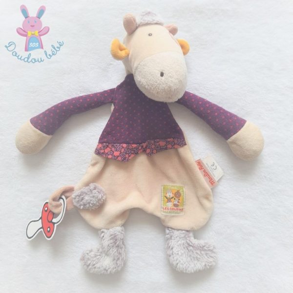 Doudou plat Vache Les Cousins blanc violet attache tétine MOULIN ROTY