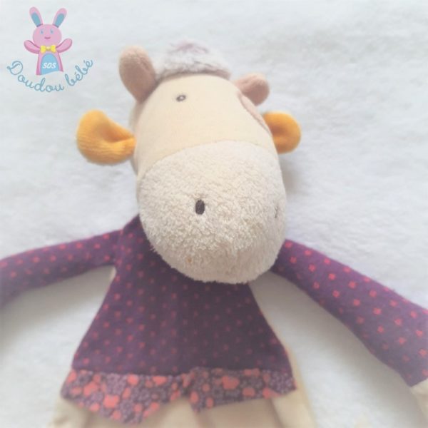 Doudou plat Vache Les Cousins blanc violet attache tétine MOULIN ROTY