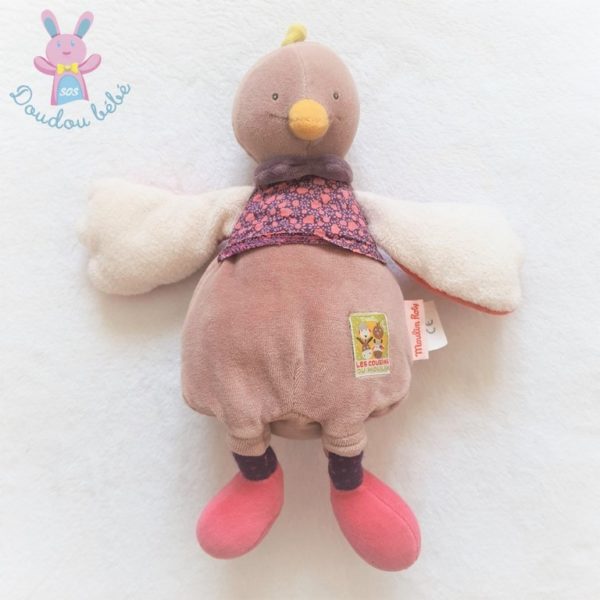 Doudou Poule Oiseau Les Cousins marron blanc violet MOULIN ROTY