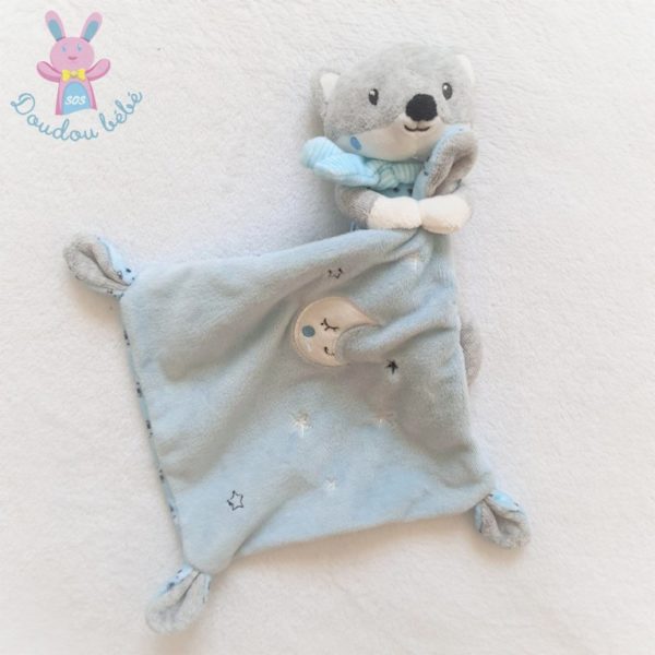 Doudou Renard gris blanc mouchoir bleu lune étoiles POMMETTE