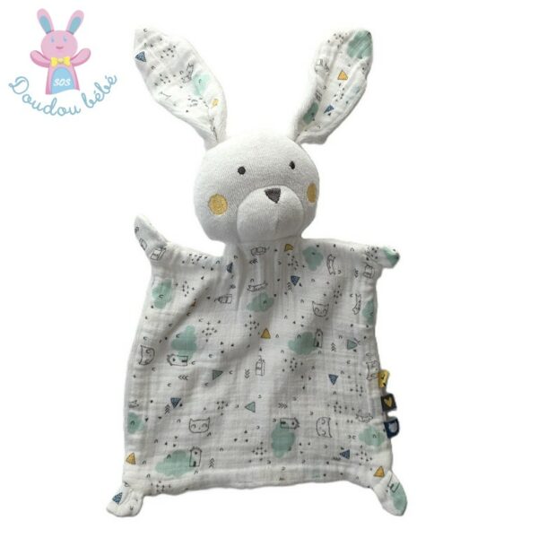 Doudou plat Lapin blanc rose vert maison nuages TAPE A L'OEIL TAO