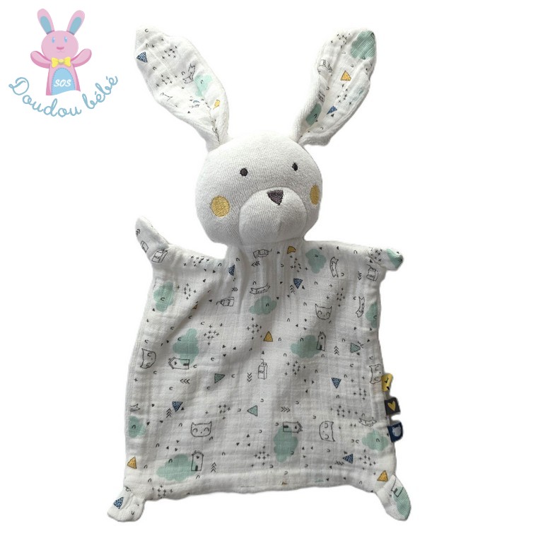 Doudou plat Lapin blanc rose vert maison nuages TAPE A L'OEIL TAO