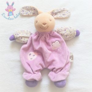 Doudou Lapin câlin beige mauve lilas fleurs QUE DU BONHEUR