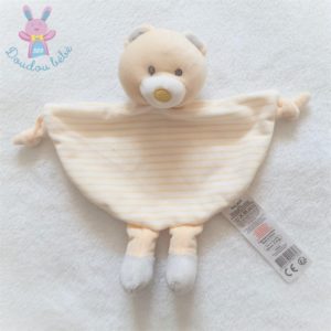 Doudou plat Ours grelot beige blanc gris jaune rayé TOM & KIDDY