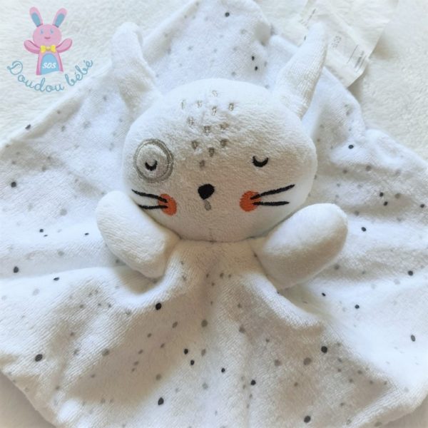 Doudou plat Lapin blanc gris noir à pois SIPLEC LECLERC