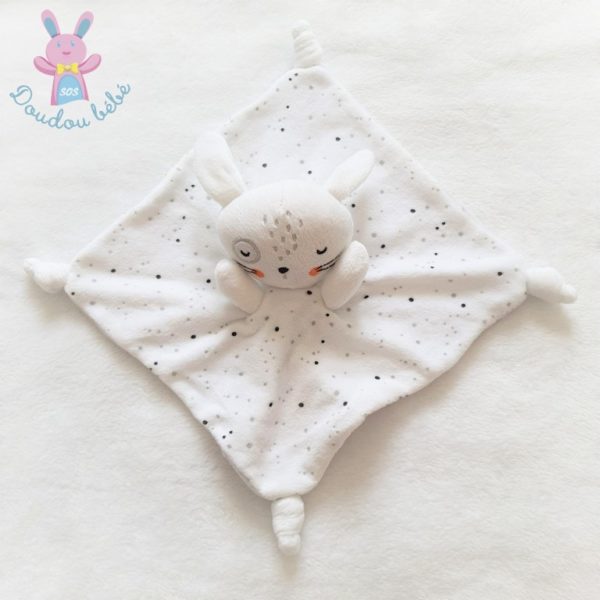 Doudou plat Lapin blanc gris noir à pois SIPLEC LECLERC