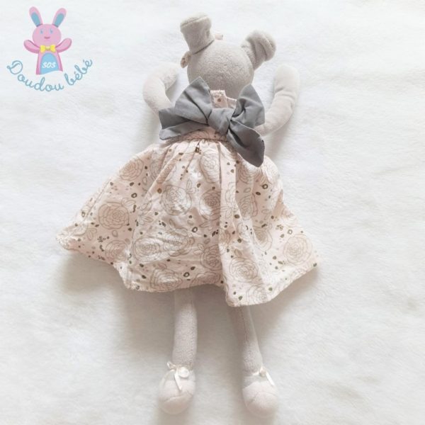 Doudou Souris grise robe rose nœud TARTINE ET CHOCOLAT