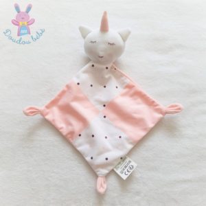 Doudou plat Licorne blanc rose à pois prune MES PETITS CAILLOUX