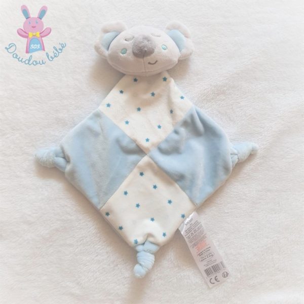 Doudou plat Koala grelot blanc gris bleu étoiles TOM & KIDDY