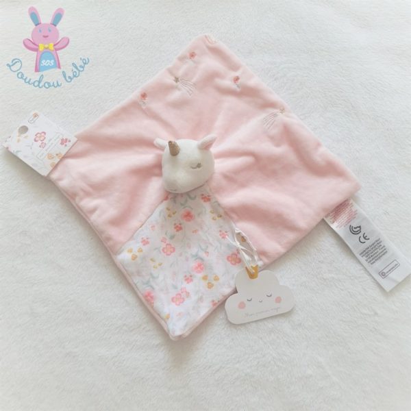 Doudou plat Licorne rose blanc fleurs Mon premier SERGENT MAJOR