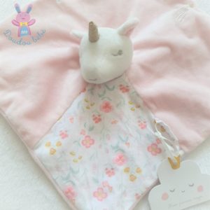 Doudou plat Licorne rose blanc fleurs Mon premier SERGENT MAJOR