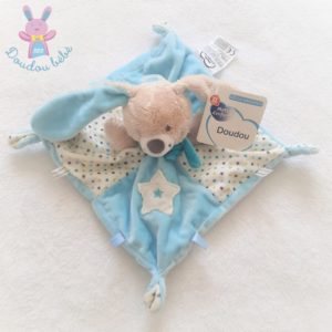 Doudou plat Lapin bleu blanc beige étoiles MOTS D’ENFANTS