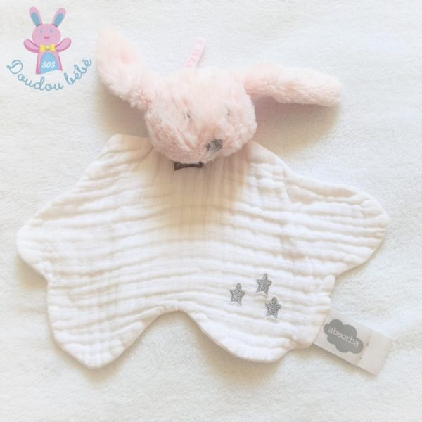 Doudou plat Lapin rose tissu blanc étoiles ABSORBA