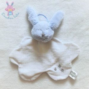 Doudou plat Lapin bleu tissu blanc étoiles ABSORBA