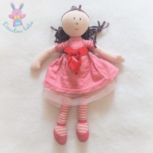 Doudou Poupée chiffon Bertille robe rose rouge rayé 32 cm JACADI