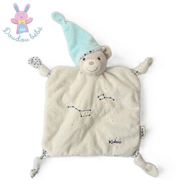Doudou plat Ours petite étoile blanc bleu attache tétine KALOO