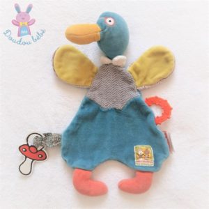 Doudou plat Canard Les Cousins bleu vert dentition MOULIN ROTY (bon état)