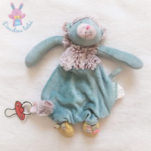 Doudou plat Chat bleu vert gris Les Pachats attache tétine MOULIN ROTY