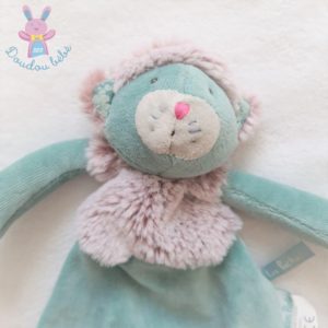 Doudou plat Chat bleu vert gris Les Pachats attache tétine MOULIN ROTY