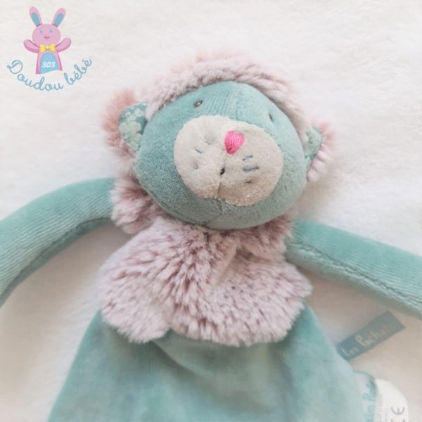 Doudou plat Chat bleu vert gris Les Pachats attache tétine MOULIN ROTY