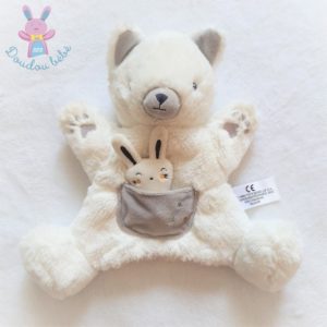 Doudou marionnette Chat poche lapin blanc gris SIMBA