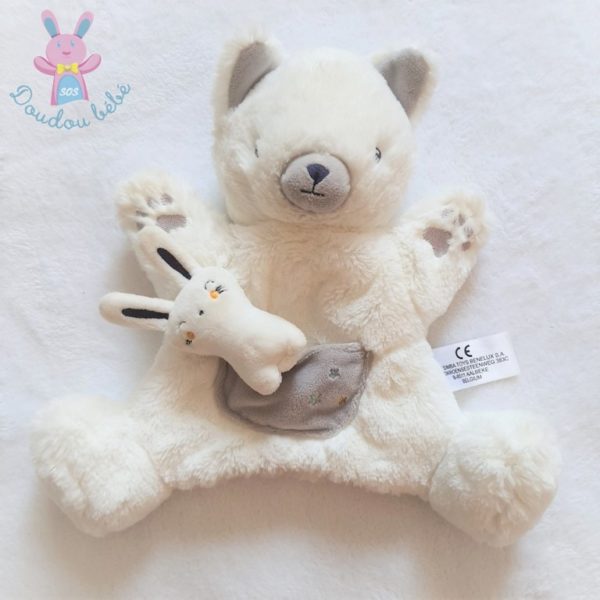 Doudou marionnette Chat poche lapin blanc gris SIMBA