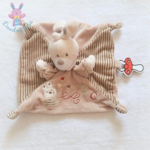 Doudou plat Lapin beige crème rayé ABC attache tétine NICOTOY