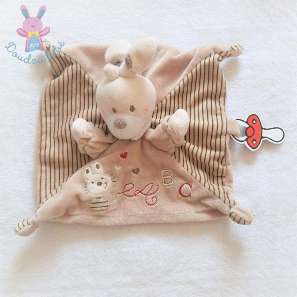 Doudou plat Lapin beige crème rayé ABC attache tétine NICOTOY