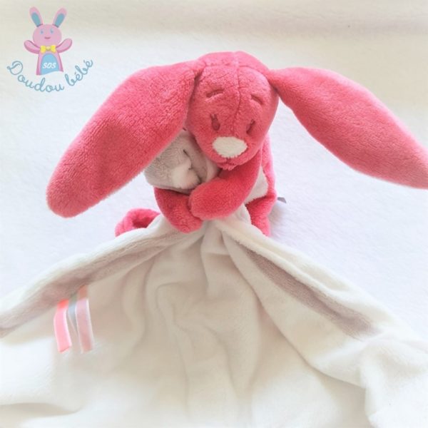 Doudou Lapin Pili rose « Ma première couverture » blanc beige NOUKIE'S