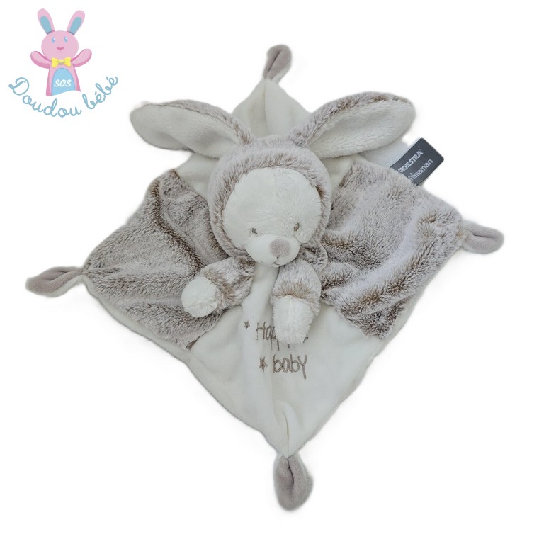 Doudou plat Ours déguisé en Lapin Happy baby beige blanc ORCHESTRA Prémaman