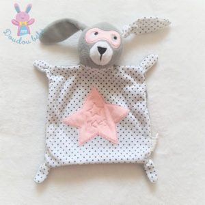Doudou plat Lapin masqué gris blanc et rose étoiles IKKS