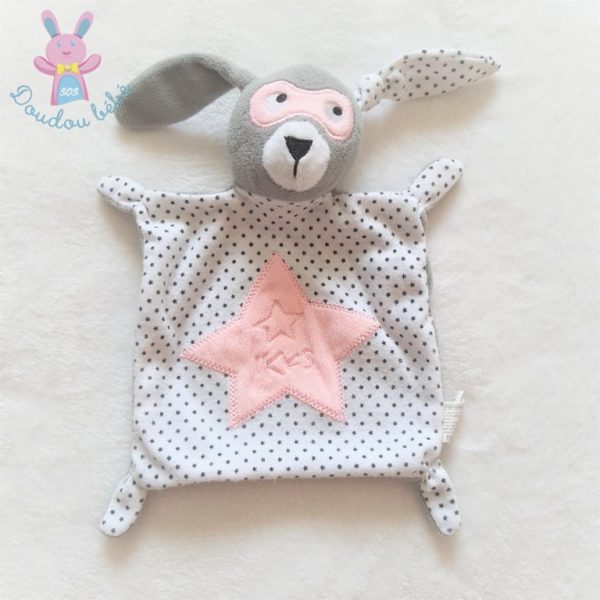 Doudou plat Lapin masqué gris blanc rose étoiles IKKS