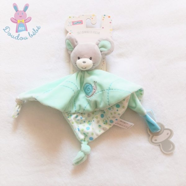 Doudou plat Souris gris vert bleu escargot attache tétine GIPSY