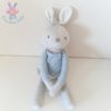 Doudou Lapin gris pull bleu rayé blanc OBAIBI OKAIDI