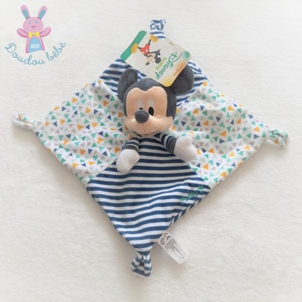 Doudou plat Mickey rayé bleu marine et blanc triangles colorés DISNEY