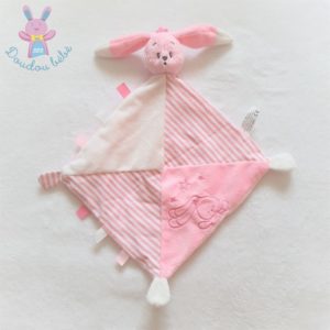 Doudou plat lapin rose blanc rayé étoiles étiquettes AUCHAN