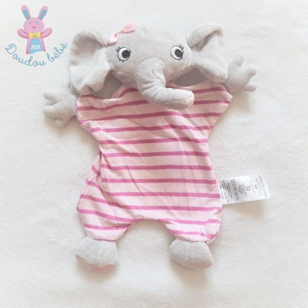 Doudou plat éléphant gris tissu rayé rose et violet H&M