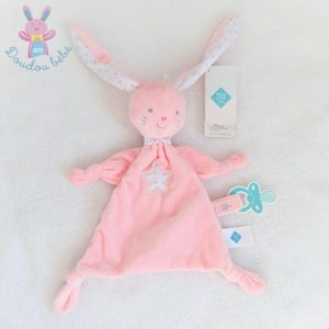 Doudou plat Lapin rose blanc étoiles attache tétine TEX BABY