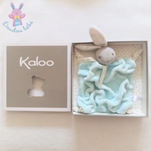 Doudou plat Lapin plume vert d’eau gris et blanc KALOO