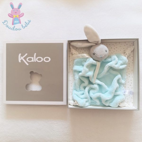 Doudou plat Lapin plume vert d'eau gris et blanc KALOO