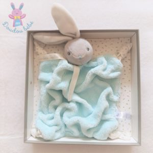 Doudou plat Lapin plume vert d’eau gris et blanc KALOO